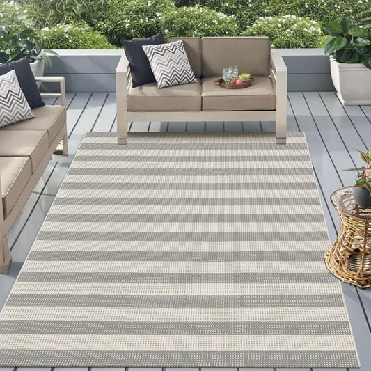Green and White Striped Outdoor Rug 5x7, Washable Cotton Woven Patio Rug