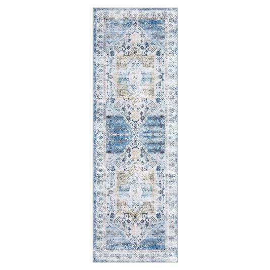Area Rug 2x8 Machine Washable Runner Rug Hallway Indoor Vintage Rug Blue Distressed Printed Doormat Soft Runner Thin Rug