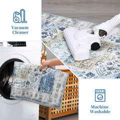 Area Rug 2x8 Machine Washable Runner Rug Hallway Indoor Vintage Rug Blue Distressed Printed Doormat Soft Runner Thin Rug