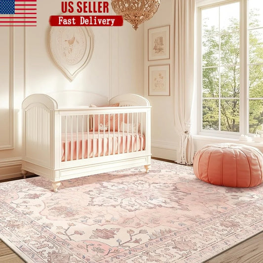 Washable Non-Slip Area Rug 5x7 Floral Vintage Distress Print Pattern Soft Carpet Decorative Living Room Bedroom Dining Room