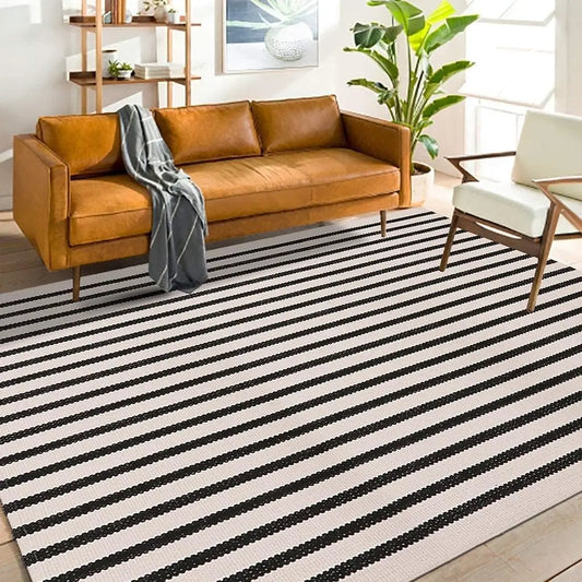 Black and White Striped Outdoor Area Rug 4x6 ft Patio Rugs Washable Woven Cotton Boho Living Room Rug