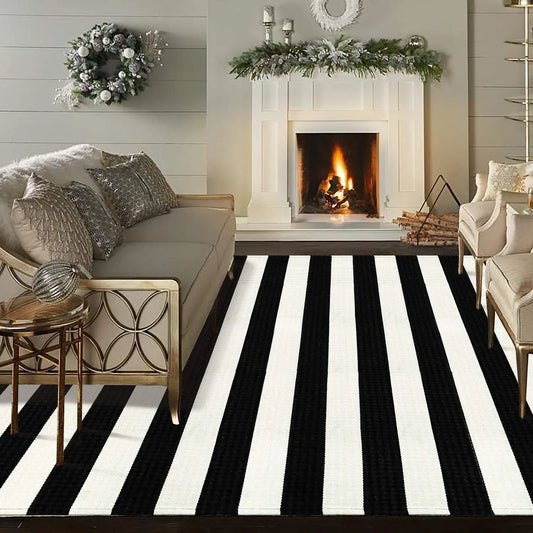 Black and White Striped Rug 5' 7" x 7' 7" Washable Large Patio Rug Cotton Hand Woven Indoor Outdoor Rug