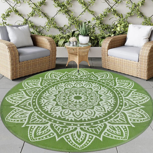 Round Outdoor Rug 8ft Boho Round Patio Rug Waterproof Plastic Outdoor Carpet for Patio All Weather Camping Rugs RV Mats