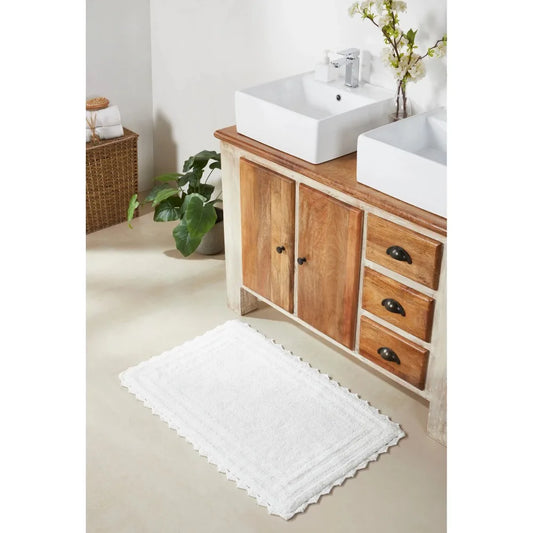 24 x 40 Bathroom Rug – 100% Cotton, Extra Soft Tufted Reversible Bath Mat, Water-Absorbent, Machine Washable (White) Shaggy Bor