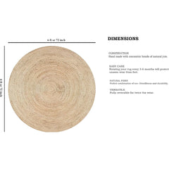 Handwoven Jute Area Rug 6 feet Round Natural Yarn Rustic Vintage Beige Braided Reversible Rug - Eco Friendly Rugs