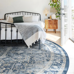 Washable 6 ft Round Rug, Kamran Admiral Blue, Premium Vintage Rugs for Living Room, Bedroom, Kitchen, Office, Classroom with Gri