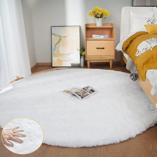 White Round Shag Rug 6ft Faux Rabbit Washable Fur Area Rugs for Living Room Circle Fluffy Rugs for Bedroom Boho Rug