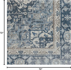 Washable 6 ft Round Rug, Kamran Admiral Blue, Premium Vintage Rugs for Living Room, Bedroom, Kitchen, Office, Classroom with Gri