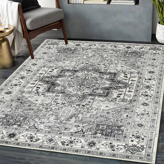 Area Rug - 5x7 Living Room Rug, Grey Vintage Washable, Soft Non Slip Low Pile Boho Printed Carpet, Retro for Bedroom Dining