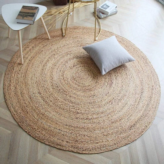 Handwoven Jute Area Rug 6 feet Round Natural Yarn Rustic Vintage Beige Braided Reversible Rug - Eco Friendly Rugs