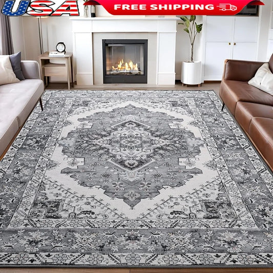 Vintage 5x7 Area Rug Non-Slip Machine Washable Living Room Carpet Soft Low Pile Durable TPR Backing Pet Kids Friendly