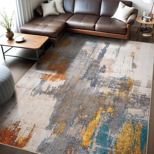 Area Rug Living Room Rug, 6X9 Modern Abstract Washable Rug Grey Non Slip Foldable Faux Wool Vintage Rug, Fluffy Non-Shedding