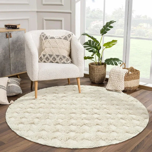 Checkered Boho Round Bathroom Rug 4ft, Small Circle Entryway Rug Cotton Beige Area Rug for Bedroom with Tufted, Farmhouse