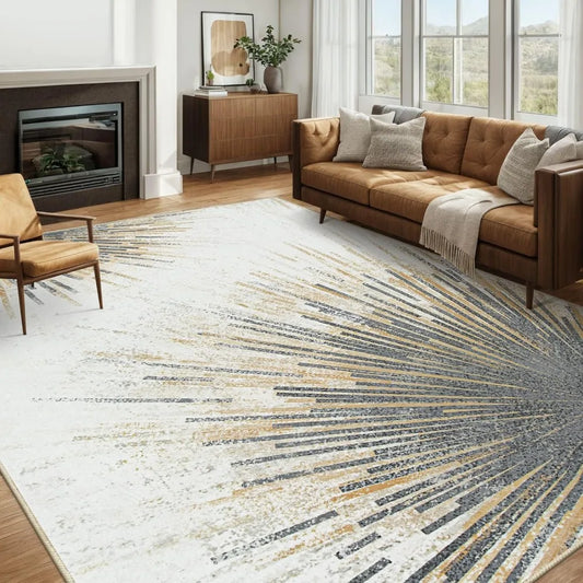 Modern 10x14 area washable ultra-thin living room carpet, bedroom office abstract print interior soft neutral carpet