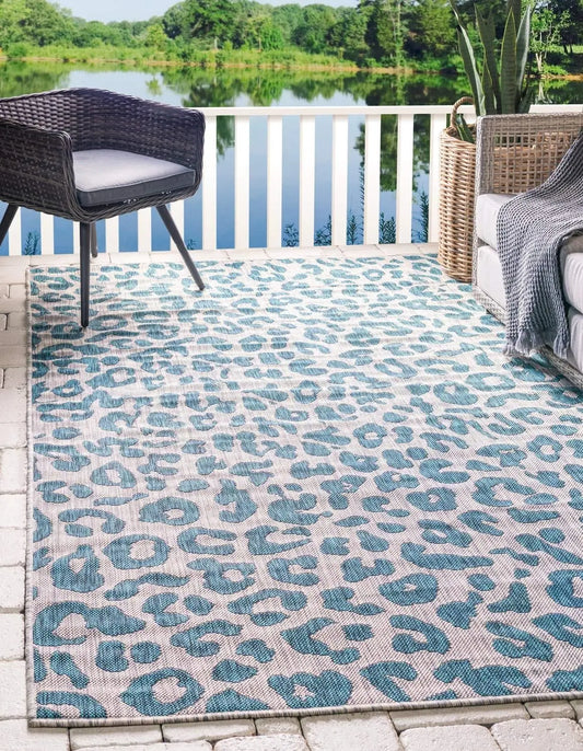 Outdoor Safari Collection Area Rug - Leopard (5' 1" x 8' Rectangle, Blue/ Gray)