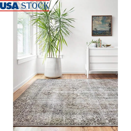 Soft Durable Area Rug Vintage Inspired Distressed Low Pile Carpet Living Room Bedroom Dining Room Office Easy Maintenance Non
