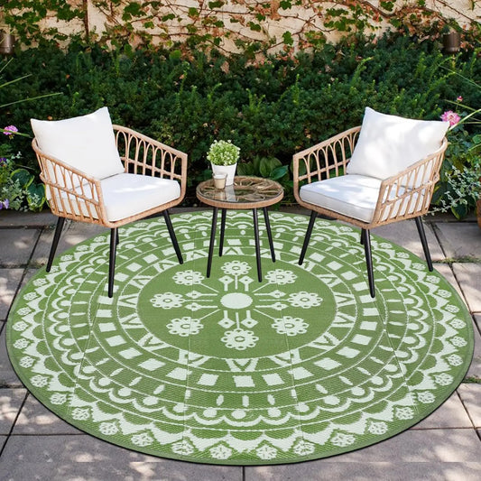 6Ft Round Outdoor Rug for Patio Reversible Mat Waterproof Plastic Straw Rug Boho Circle Indoor Outside Area Rug for RV