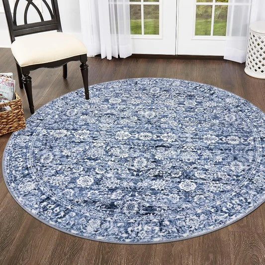Blue 5' Round Rug Washable Rug for Entryway Soft Non-Slip Area Rugs Distressed Floral Low-Pile Carpet, Neutral Vintage Circle
