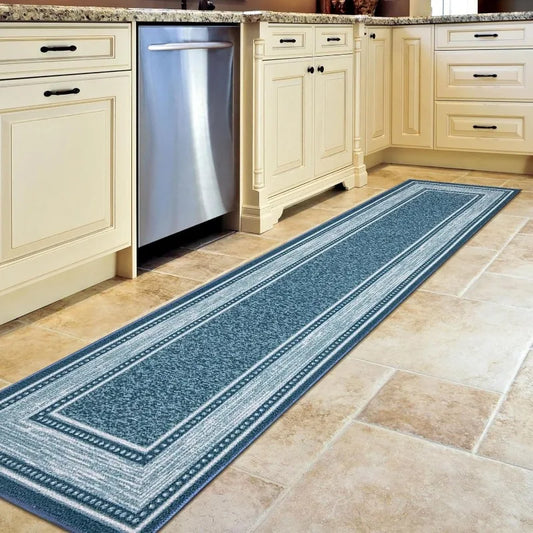 Machine Washable Bordered Design Non-Slip Rubberback 2x7 Traditional Runner Rug for Hallway, Kitchen, Bedroom, 1'10" x 7', Blue