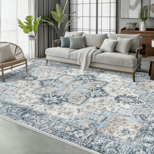 Modern 8x10 Area Rugs for Living Room, Non Slip Machine Washable Retro Rugs, Low Pile Chenille Print Rug for Bedroom,