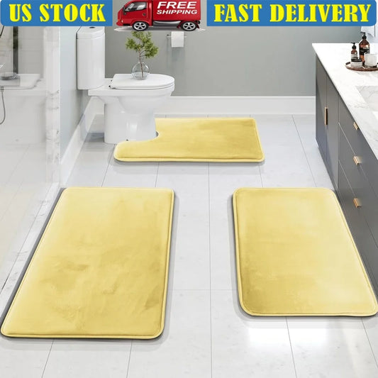 Ultra Soft Velvet Memory Foam Bath Mat Set Non-Slip Absorbent Bathroom Rugs Machine Washable Quick Dry Plush Comfort