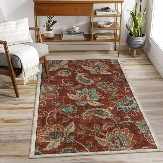 Washable Floral 3x5 Area Rug, Paisley Rug for Entryway Non Slip, Soft Vintage Accent Dorm Rug Indoor Floor Carpet for