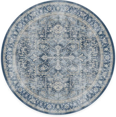 Washable 6 ft Round Rug, Kamran Admiral Blue, Premium Vintage Rugs for Living Room, Bedroom, Kitchen, Office, Classroom with Gri