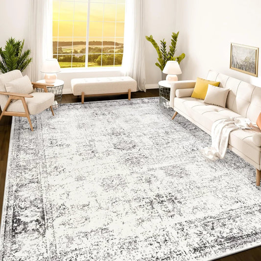 8x10 Rug – White Cream/Grey Area Rug - Foldable Boho Rugs for Living Room 8x10 - Stain Resistant Modern Area Rugs