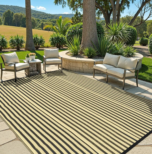 Outdoor Rug Waterproof for Patio Clearance Black and White Camping Rug 8x10 Plastic Straw Striped Floor Carpet