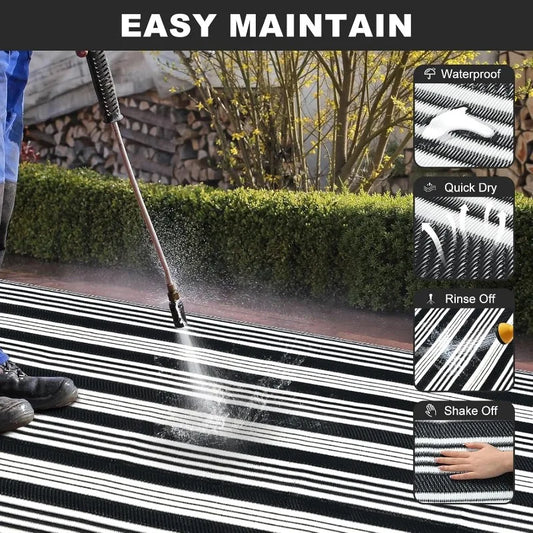 Outdoor Rug Waterproof for Patio Clearance Black and White Camping Rug 8x10 Plastic Straw Striped Floor Carpet