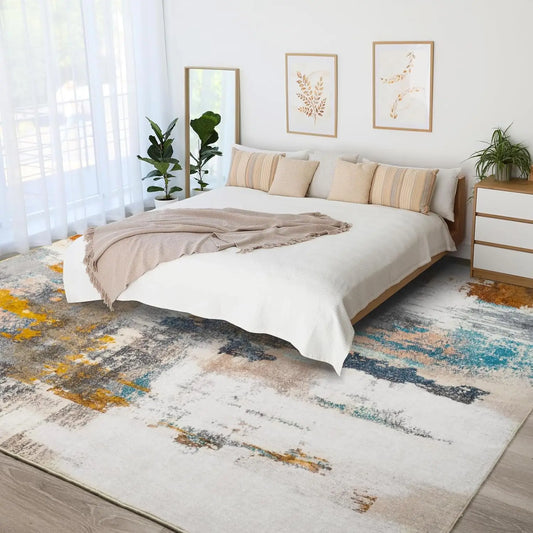 Area Rug Living Room Rug, 6X9 Modern Abstract Washable Rug Grey Non Slip Foldable Faux Wool Vintage Rug, Fluffy Non-Shedding