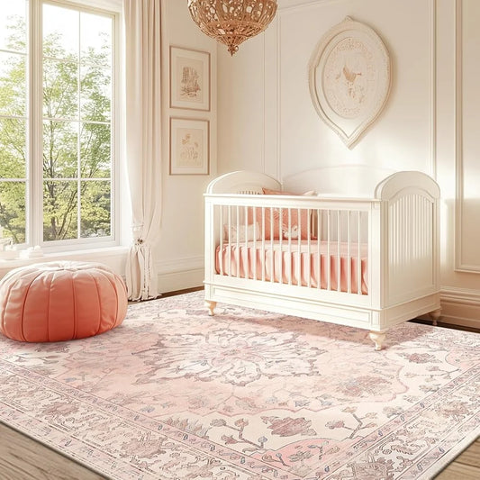 Washable Non-Slip Area Rug 5x7 Floral Vintage Distress Print Pattern Soft Carpet Decorative Living Room Bedroom Dining Room