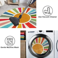 Round Boho Rug 6 Ft Washable Round Area Rug for Playroom, Sunshine Circle Rug for Kids Room, Non-Slip Circluar Rainbow Carpet