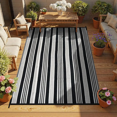 Outdoor Rug Waterproof for Patio Clearance Black and White Camping Rug 8x10 Plastic Straw Striped Floor Carpet
