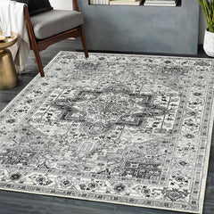 Area Rug - 5x7 Living Room Rug, Grey Vintage Washable, Soft Non Slip Low Pile Boho Printed Carpet, Retro for Bedroom Dining