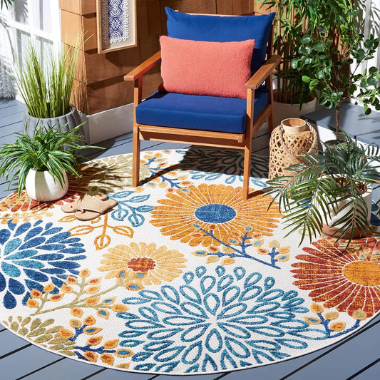 Cabana Collection Area Rug - 6'7" Round, Creme & Red, Floral Design, Non-Shedding & Easy Care