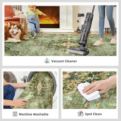 Green Area Rug 5x8, Washable, Boho Vintage, Non-Slip, Family & Pet Friendly, Print Floor Rug (Border Green)