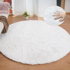 White Round Shag Rug 6ft Faux Rabbit Washable Fur Area Rugs for Living Room Circle Fluffy Rugs for Bedroom Boho Rug