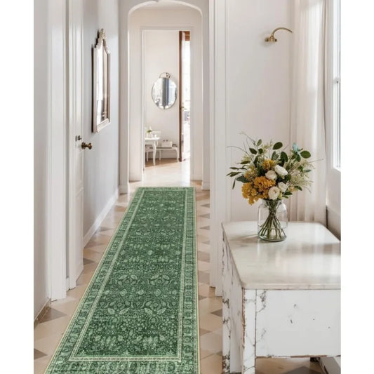 Washable Rug Runners for Hallways 10ft, Green Runner Rugs for Hallway 2x10 Non Slip, Floral Long Bathroom Runner Rug