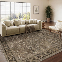 4x6 Machine Washable Rugs Brown Hallway Area Rug Indoor Accent Rug Floral Low Pile Carpet Soft Throw Rug Bedroom Living