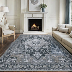 Modern 8x10 Area Rugs for Living Room, Non Slip Machine Washable Retro Rugs, Low Pile Chenille Print Rug for Bedroom,