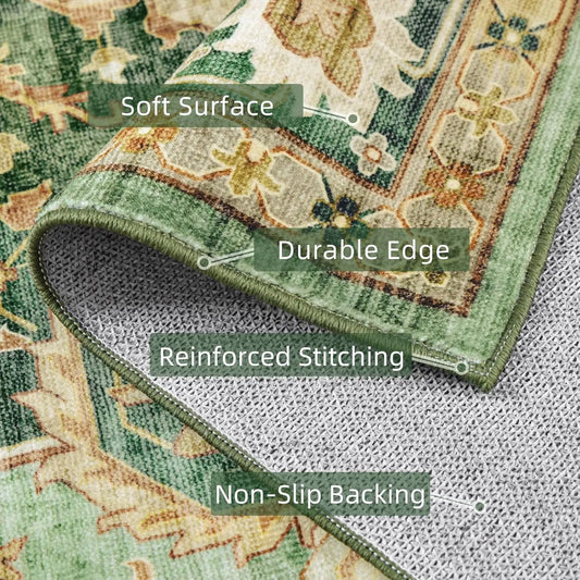 Green Area Rug 5x8, Washable, Boho Vintage, Non-Slip, Family & Pet Friendly, Print Floor Rug (Border Green)