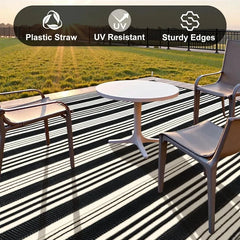 Outdoor Rug Waterproof for Patio Clearance Black and White Camping Rug 8x10 Plastic Straw Striped Floor Carpet