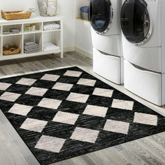 Moroccan Trellis Area Rug - 3x5 Washable Black Entry Rug Non Slip Living Room Mat, Distressed Lattice Soft Stain