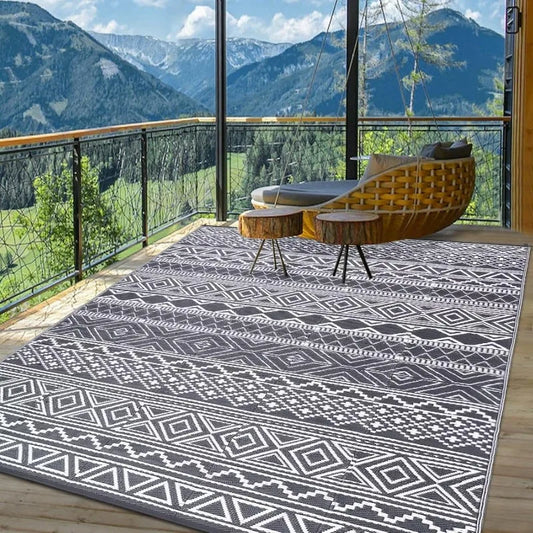 Outdoor Rug Carpet 9x12 Waterproof Mat Reversible Patio Rug Geometric Rug RV Camping