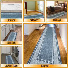 Machine Washable Bordered Design Non-Slip Rubberback 2x7 Traditional Runner Rug for Hallway, Kitchen, Bedroom, 1'10" x 7', Blue