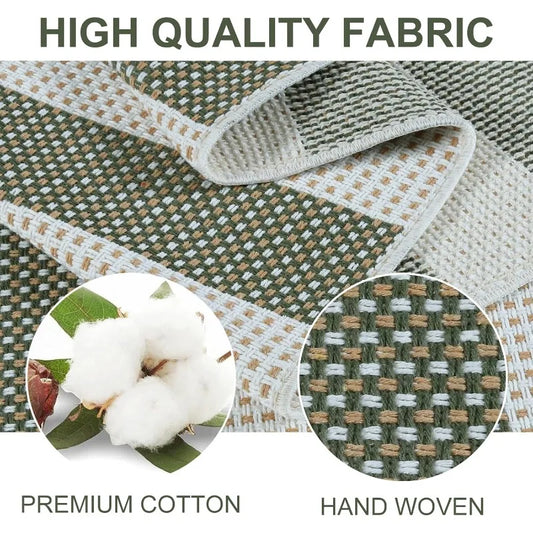 Green and White Striped Outdoor Rug 5x7, Washable Cotton Woven Patio Rug
