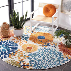 Cabana Collection Area Rug - 6'7" Round, Creme & Red, Floral Design, Non-Shedding & Easy Care