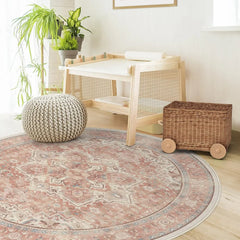 Washable 8 ft Round Rug, Kamran Rose Pink, Premium Rugs for Living Room, Bedroom, Kitchen, Office, Nursery with Gripper Non Slip