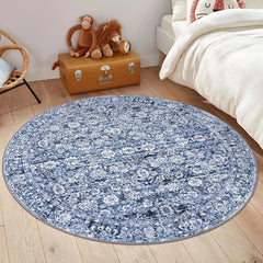 Blue 5' Round Rug Washable Rug for Entryway Soft Non-Slip Area Rugs Distressed Floral Low-Pile Carpet, Neutral Vintage Circle